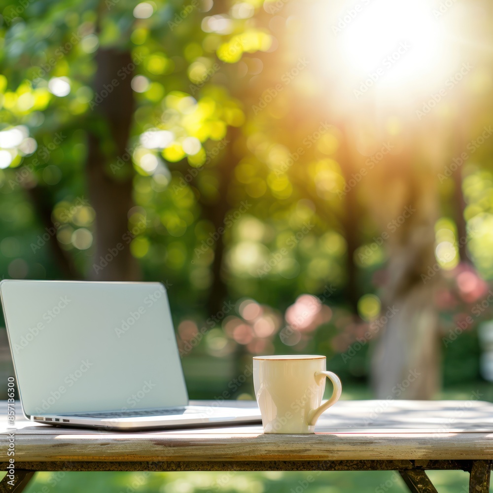 Laptop and coffee cup on wooden table in a sunny park. Green grass and trees in background. Relaxed work space. Laptop and coffee cup on wooden table in a sunny park. Green grass and trees in background. Relaxed work space.