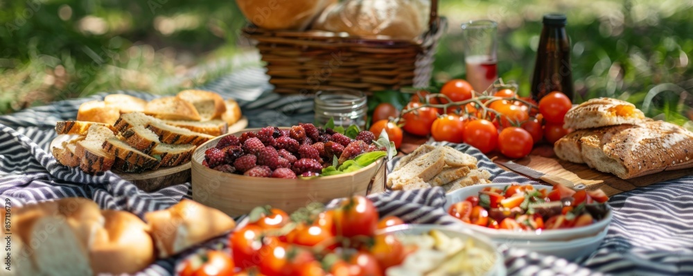 Picnic blanket with a variety of foods Picnic blanket with a variety of foods