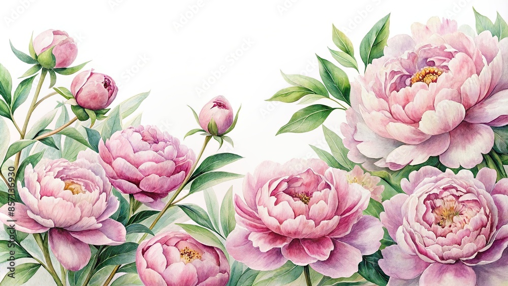 Watercolor of delicate pink peony flowers, watercolor,pink, peony, flowers, floral, botanical, delicate, vibrant, artistic