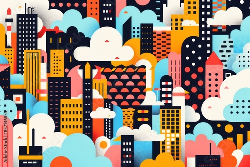 Colorful abstract cityscape illustration with various geometric buildings, clouds, and patterns in lively hues.
