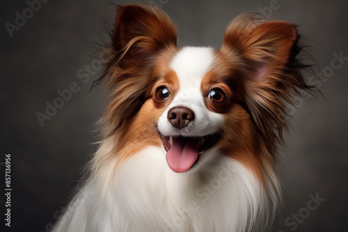 Portrait of a happy papillon dog isolated in blank studio backdrop