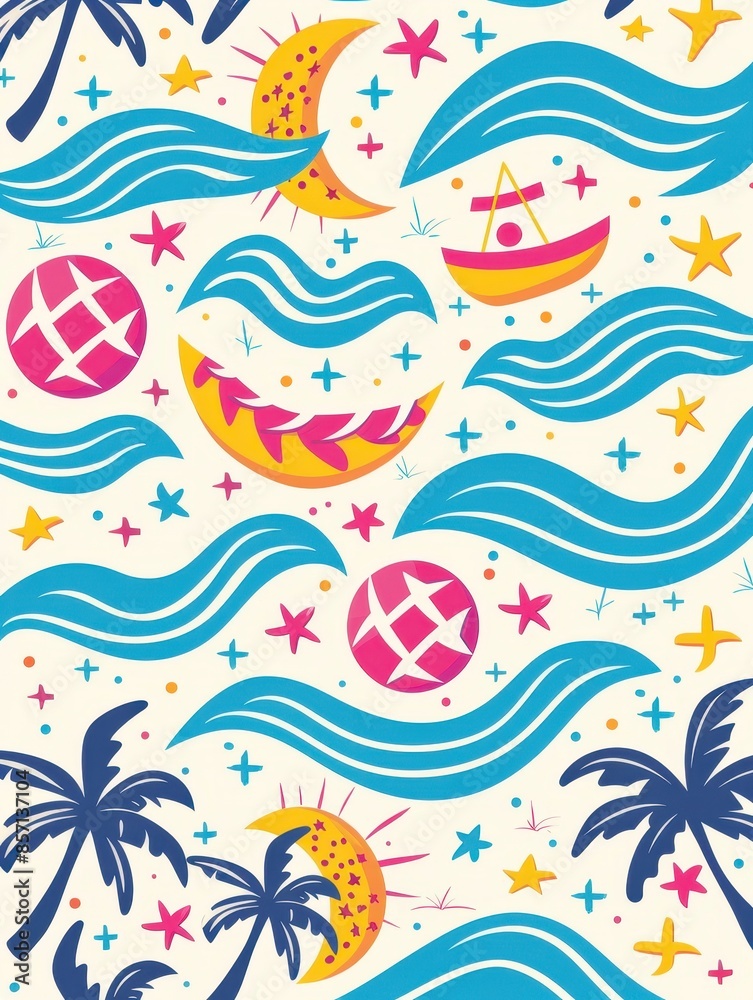 Obraz premium Colorful summer beach pattern featuring waves, moons, stars, boats, palm trees, and beach balls on a light background.