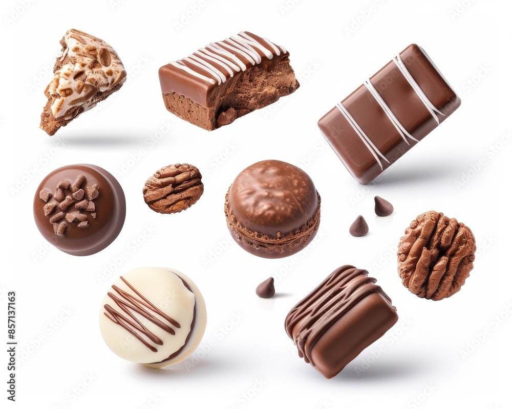 Assorted chocolate desserts and cookies arranged on a white background, showcasing various shapes and textures, perfect for gourmet lovers. Assorted chocolate desserts and cookies arranged on a white background, showcasing various shapes and textures, perfect for gourmet lovers.