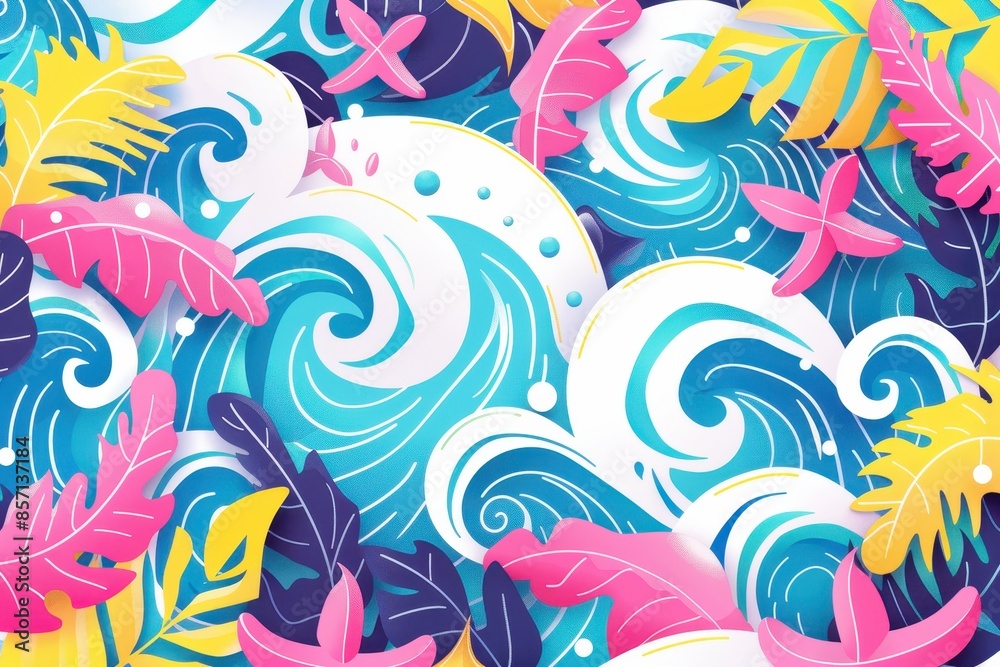 Colorful, abstract, tropical-themed illustration with swirling ocean waves, vibrant leaves, and starfish in a whimsical design. Colorful, abstract, tropical-themed illustration with swirling ocean waves, vibrant leaves, and starfish in a whimsical design.