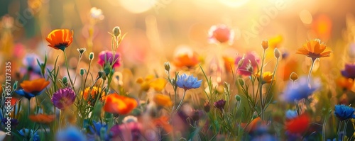 Sunlit meadow with colorful flowers