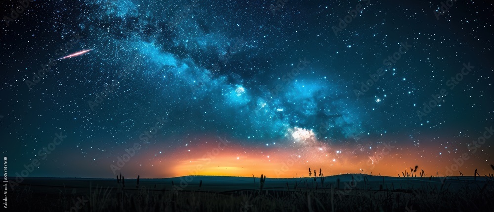 Night Sky with Milky Way and Shooting Star over Field. Night Sky with Milky Way and Shooting Star over Field.