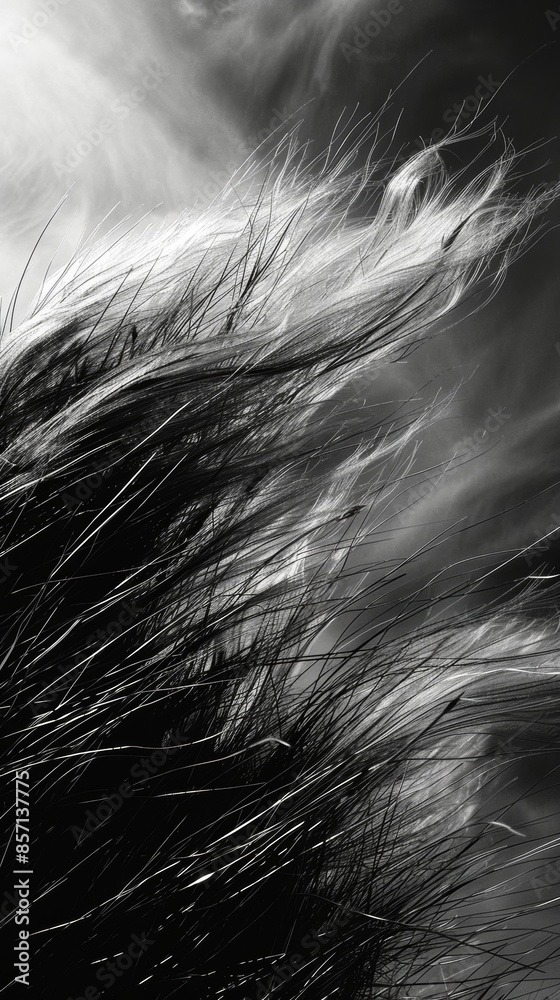 Obraz premium Golden strands caught up in the tempestuous winds. Black and white art