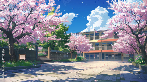An anime-style illustration, a school in a landscape with a  fallen cherry leaves and  trees.