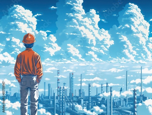 Wallpaper Mural Worker overlooking industrial factory with smokestacks under a partly cloudy sky, symbolizing industry and environment coexistence. Torontodigital.ca