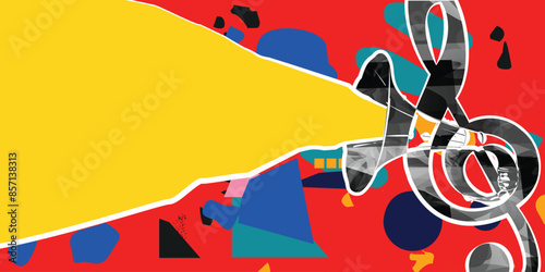 Musical background, listen and download music  concept. G-clef colorful party poster