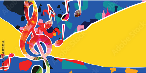 Musical background, play and download music  concept.  Musical notes on colorful backdrop. G-clef party poster