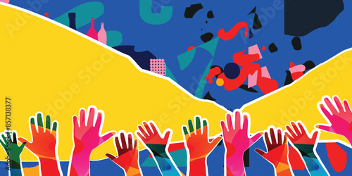 Raised colorful hands vector. Charity and help, volunteerism, community support and social care concept
