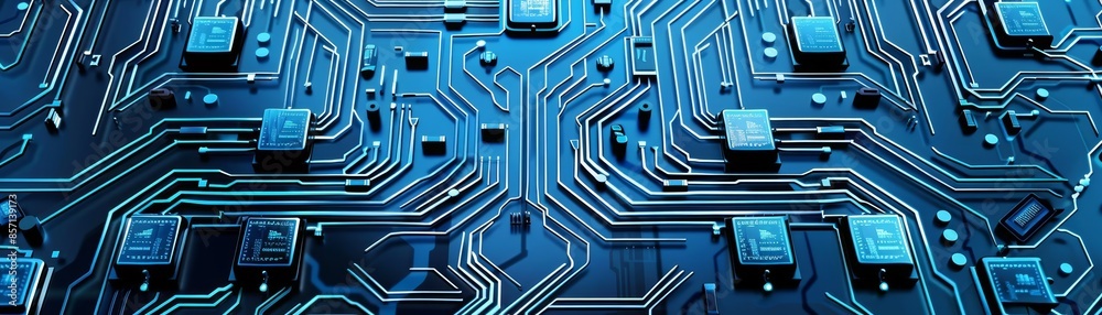 A detailed blue circuit board with intricate pathways, showcasing computer technology, top view, representing advanced data processing, futuristic tone, Monochromatic Color Scheme A detailed blue circuit board with intricate pathways, showcasing computer technology, top view, representing advanced data processing, futuristic tone, Monochromatic Color Scheme