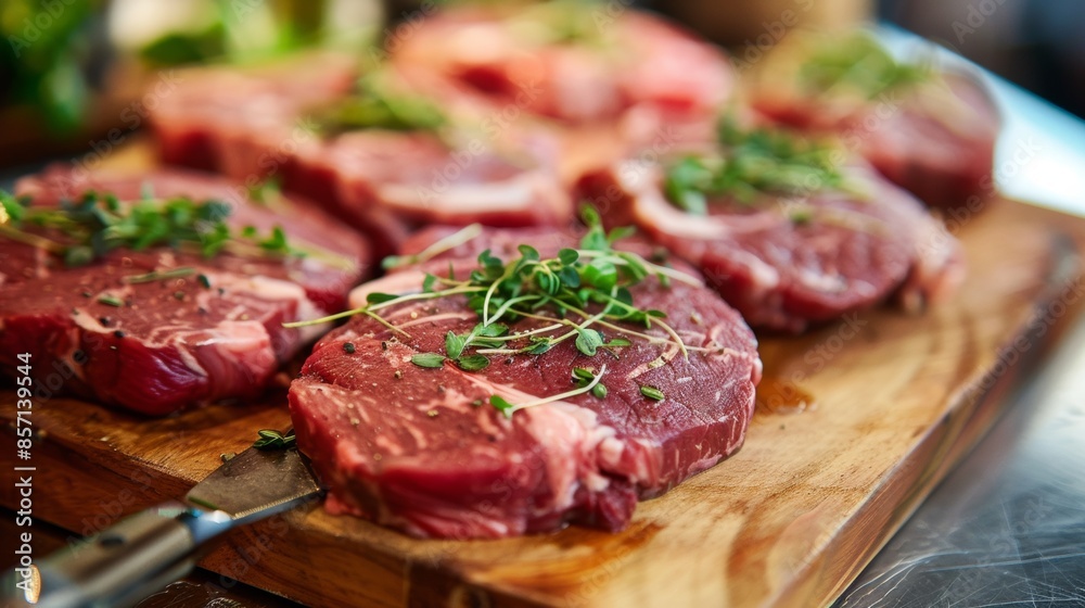 Raw Beef Steaks Seasoned with Fresh Herbs