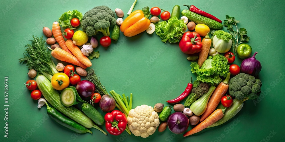 Vibrant circle of assorted mixed vegetables on a green background, fresh, colorful, healthy, organic, farming