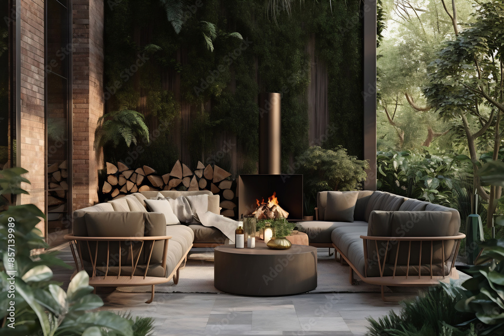Fototapeta premium Elegant cozy garden furniture on terrace of suburban home