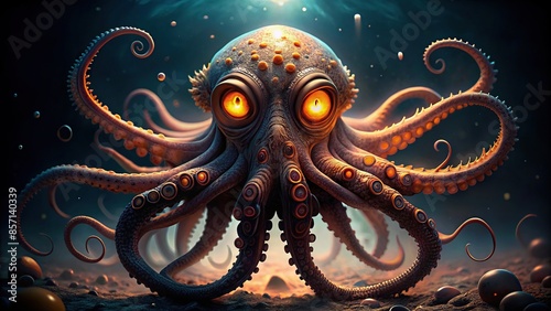 A terrifying cephalopod with glowing eyes emerging from dark waters, horror, underwater, monster, tentacles, creature photo