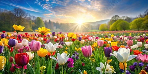 Beautiful spring flowers in full bloom , nature, colorful, vibrant, botanical, petals, blooming, garden, seasonal, fresh #857140971