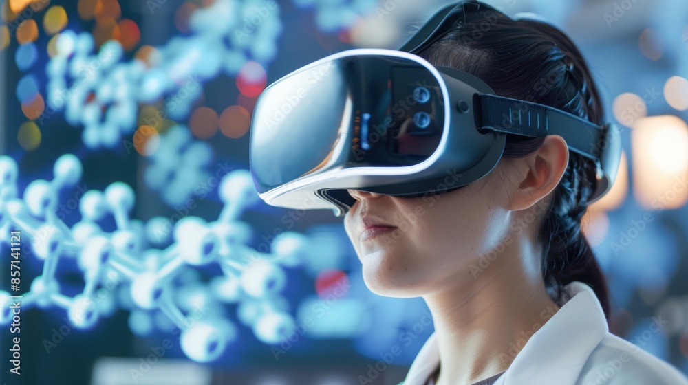Scientist in a VR headset exploring molecular structures, showcasing the scientific applications of virtual reality Scientist in a VR headset exploring molecular structures, showcasing the scientific applications of virtual reality