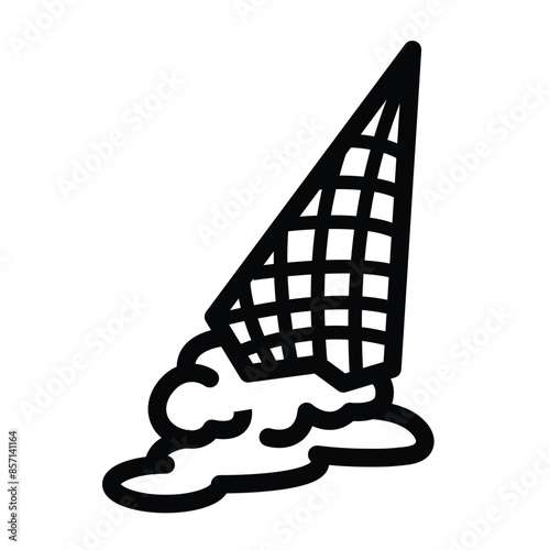 Melting upside and fallen down ice cream cone food icon illustration with black outline isolated on square white background. Simple flat cartoon art styled object drawing.