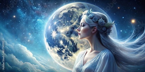 Serene image of a moon goddess with celestial beauty , serene, moon goddess, celestial, beauty, peaceful, tranquil photo