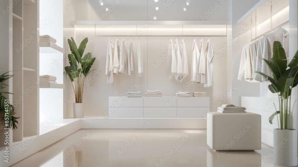 Fototapeta premium Sophisticated white closet interior with designer clothes and accessories, illuminated by window light