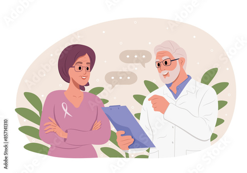 Doctor talking to cancer patient woman in headscarf. Vector template for banner, greeting card, poster.