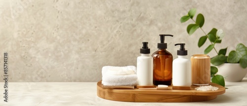 Skincare and spa products on a wooden tray, highlighting the elegance and tranquility of self-care rituals