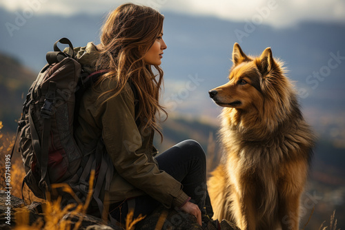 Woman and dog enjoying mountain hike during sunset © sofiko14