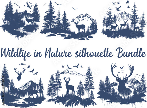 Wildlife in Nature Silhouette, wild animal wildlife, and forest conservation concept. Beautiful design for wildlife preservation, environmental awareness, deer, birds, bears trees, mountains