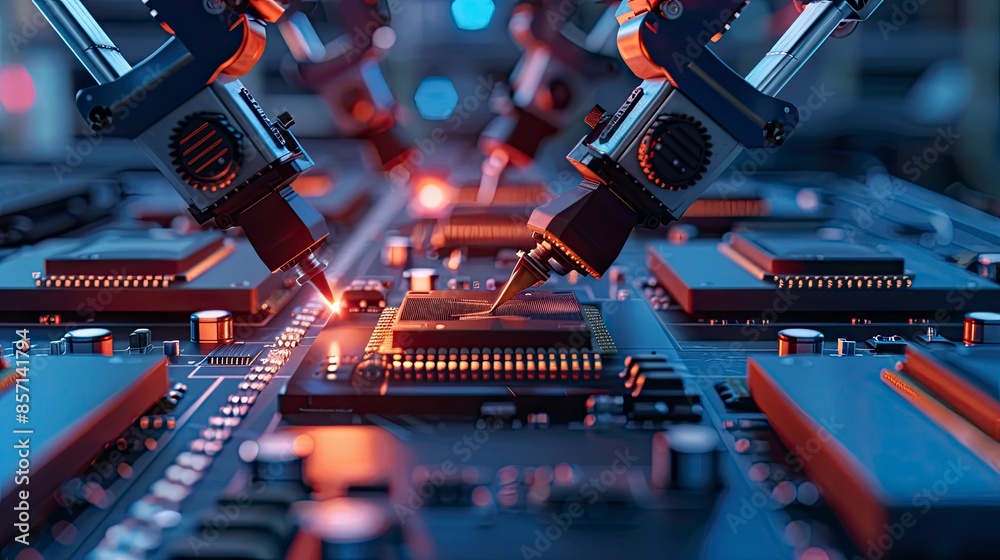Semiconductor manufacturing process with robotic arms assembling ...