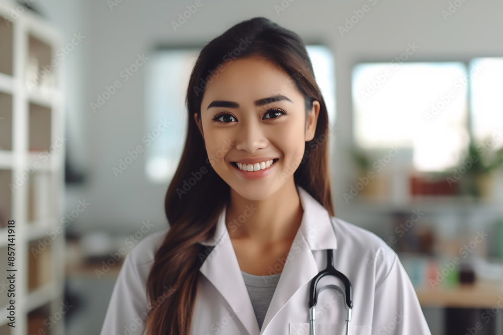 Young Filipino woman wearing doctor uniform and stethoscope with a happy smile. Lucky person Young Filipino woman wearing doctor uniform and stethoscope with a happy smile. Lucky person