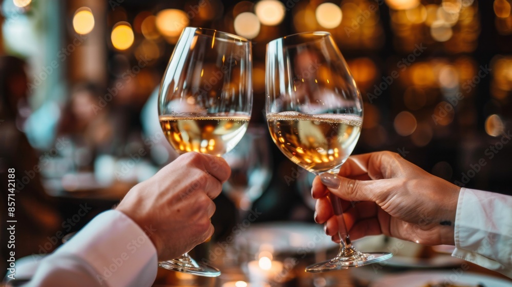 Two people are holding wine glasses and toasting to each other Two people are holding wine glasses and toasting to each other