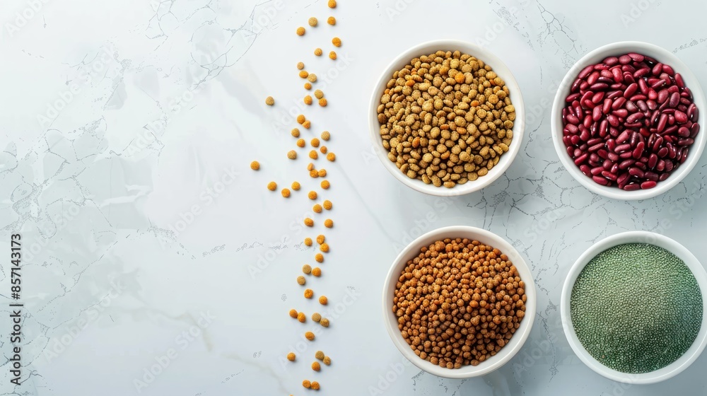 Top view of assorted grains and powder in white bowls on a white marble background. Top view of assorted grains and powder in white bowls on a white marble background.