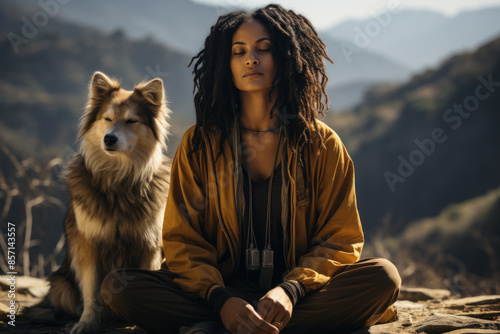 Woman camping with dog in mountains, outdoor adventure © sofiko14
