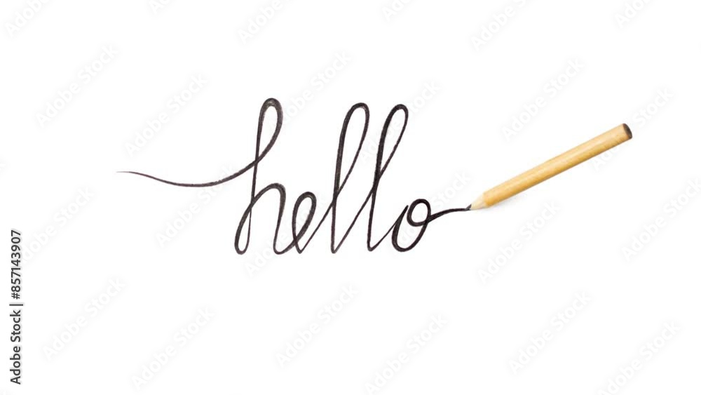 Inscription HELLO with continuous line drawing with pencil stop motion animation isolated on white background, concept template, splash screen, banner 4k