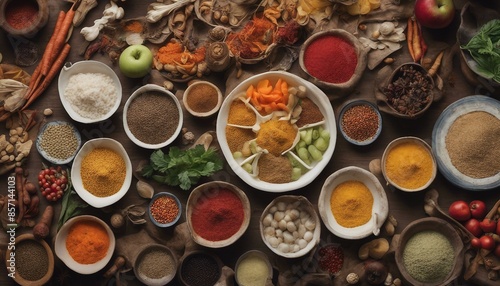 The image depicts a dining table laden with food, spices, and fresh fruits like apples and carrots. Bowls hold various ingredients, inspiring culinary creativity.