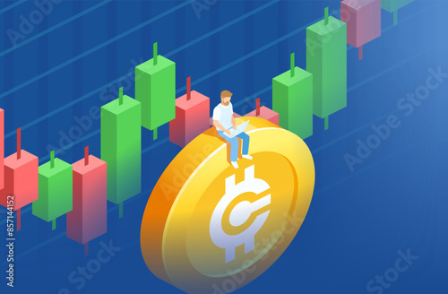  Cryptocurrency volatility in trading isometric concept. Businessman trading on big, gold cryptocurrency coin.