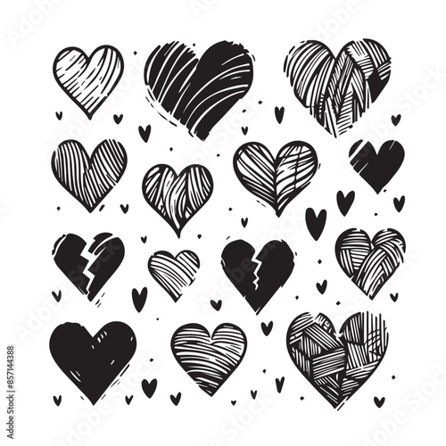 Hand-Drawn Hearts on Clean White Background, Variety of Shapes and Sizes