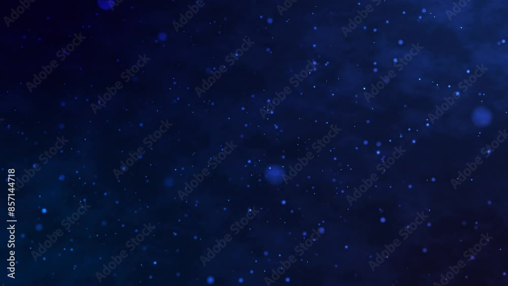 Abstract bokeh particles float slowly in the air on a dark background. Futuristic dot wave. Background of particle movement in dark clouds. Clouds in the sky. 3D rendering. 4k animation