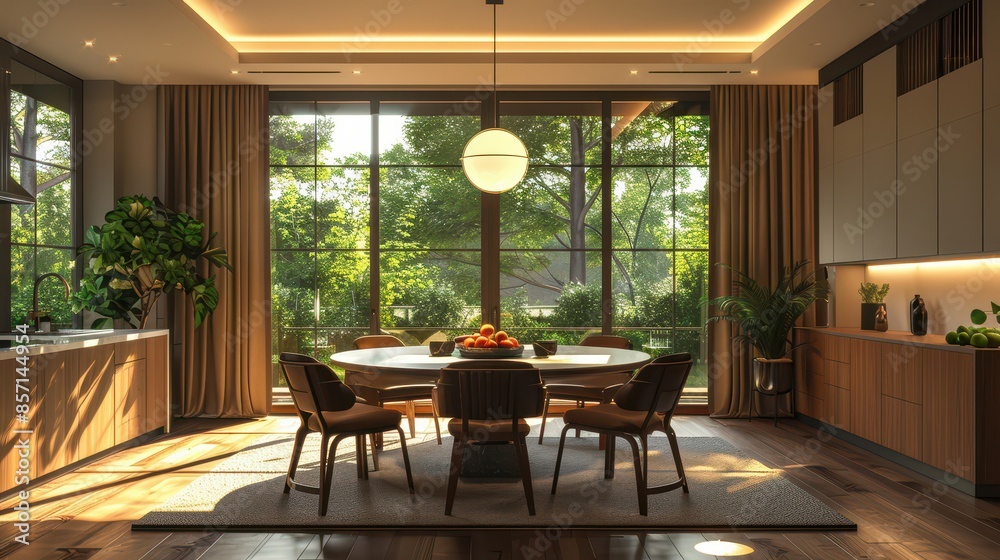 Fototapeta premium A contemporary dining room with a round table, stylish chairs, and modern lighting, 8k, illustration background
