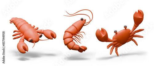 Set of crustaceans in cartoon style. 3D crab, lobster, shrimp. Natural ingredients