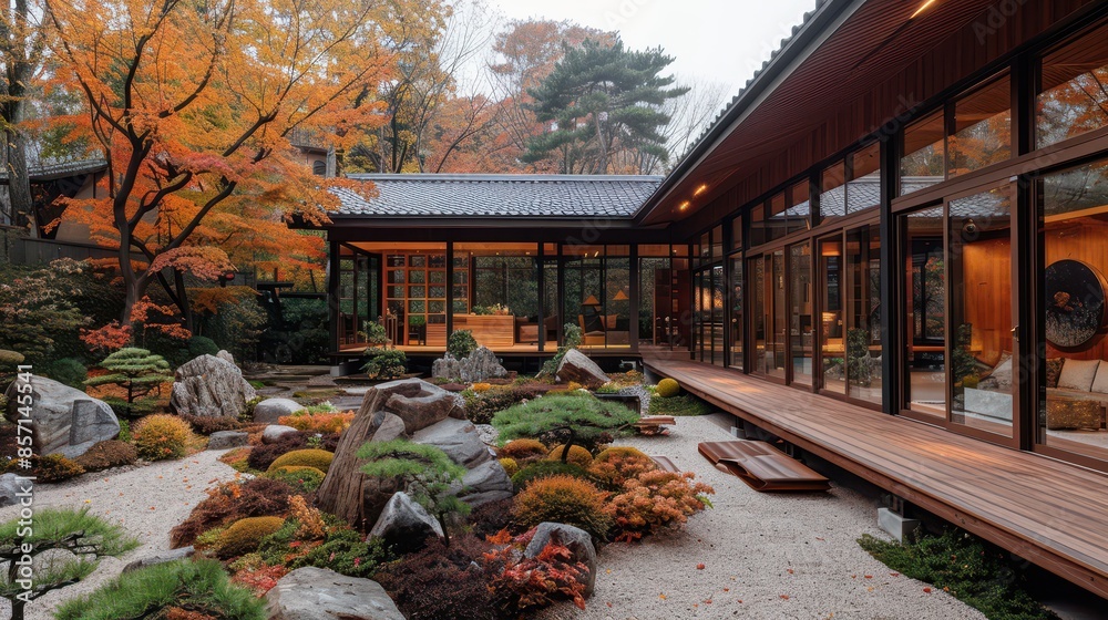A modern Japanese-style house with large windows, surrounded by an intricate garden and stone sculpture in the yard. The home features natural wood accents on its exterior walls, while inside it has A modern Japanese-style house with large windows, surrounded by an intricate garden and stone sculpture in the yard. The home features natural wood accents on its exterior walls, while inside it has