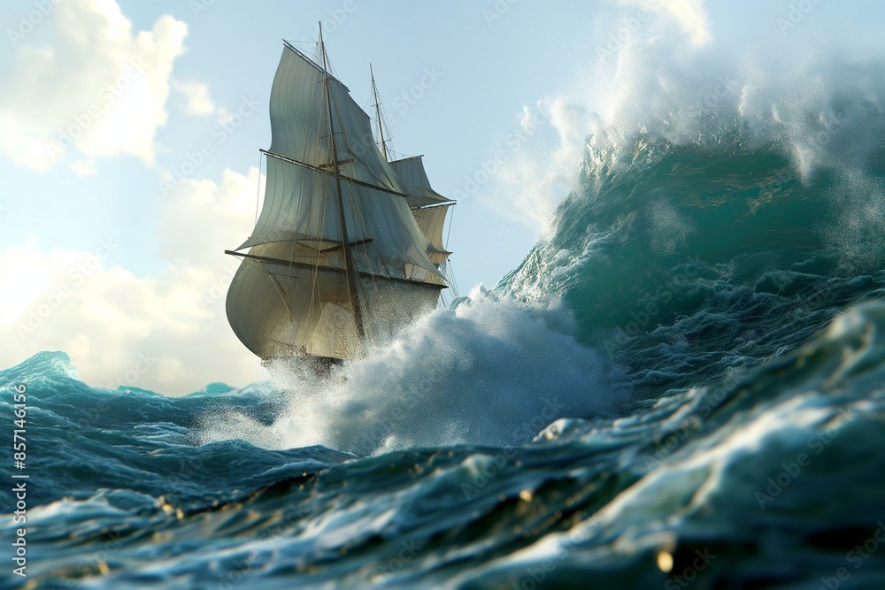 Obraz premium a sailing ship is sailing through big waves by generative ai