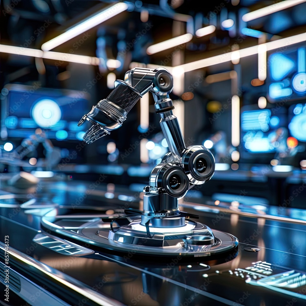 Futuristic robotic arm in a high-tech laboratory setting, showcasing advanced technology and innovation in robotics and automation.