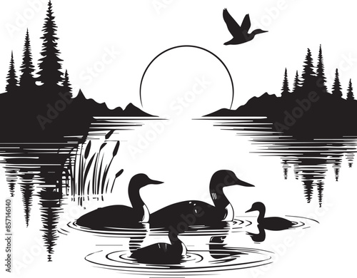 A happy family of loons enjoying a peaceful swim on a lake vector art silhouette. Generative AI