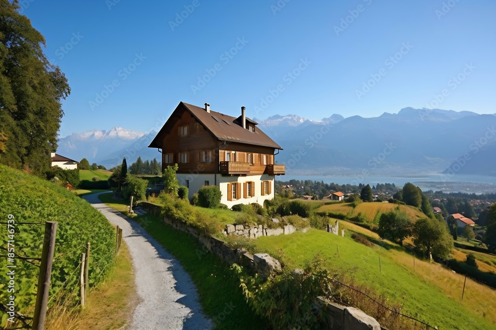 Traditional Swiss country house and amazing landscape Traditional Swiss country house and amazing landscape