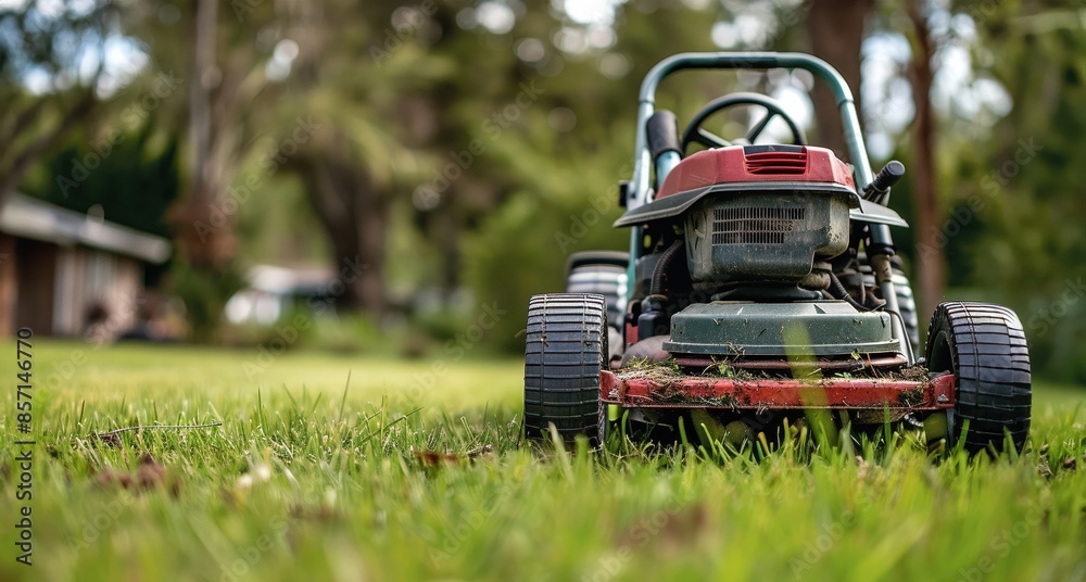 Low-angle view of a lawnmower on a freshly cut lawn, highlighting the maintenance and care of a well-kept yard on a sunny day in a suburban setting. Low-angle view of a lawnmower on a freshly cut lawn, highlighting the maintenance and care of a well-kept yard on a sunny day in a suburban setting.