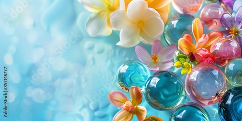 A close shot of a artistic glass balls and flowers over a blurry colorful backdrop and a big space for text or product advertisement purpose, Generative AI.