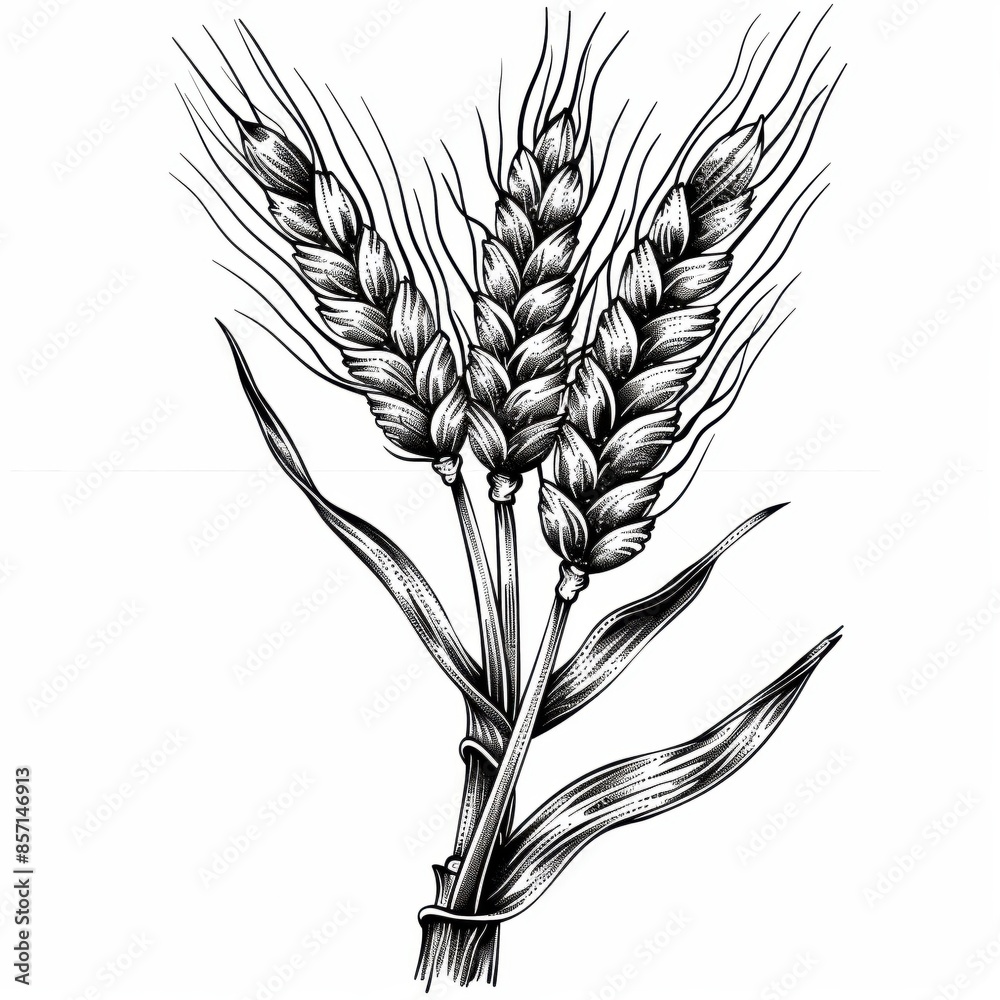 Detailed black and white illustration of wheat sheaves, emphasizing agricultural themes and classic botanical art. Detailed black and white illustration of wheat sheaves, emphasizing agricultural themes and classic botanical art.